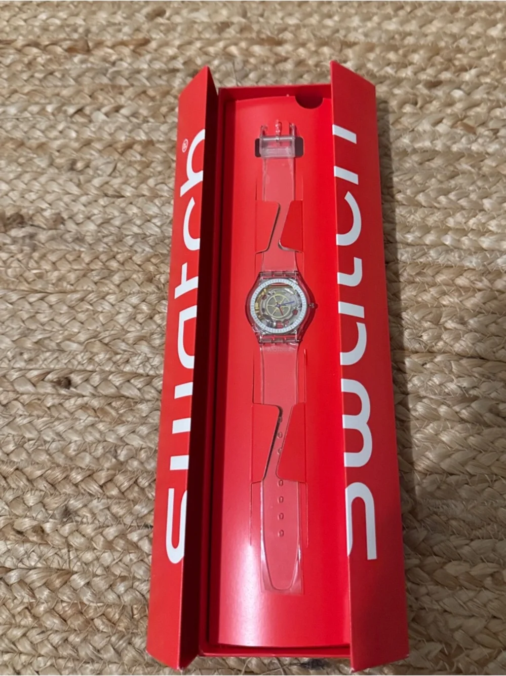 Swatch Transparent Red Strap Men's Watch with Visible Movement